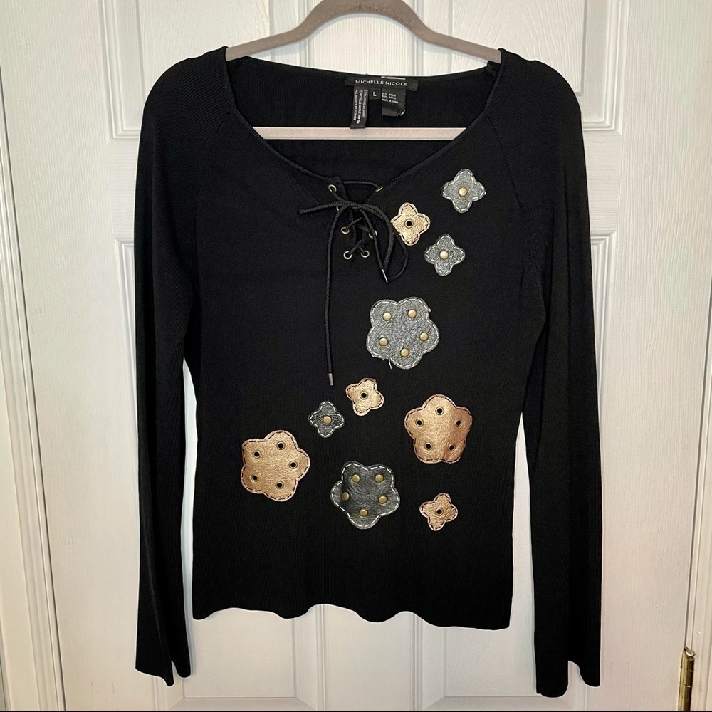 MICHELLE Nicole Black Long Sleeve Tie Up Floral Embroidery Large